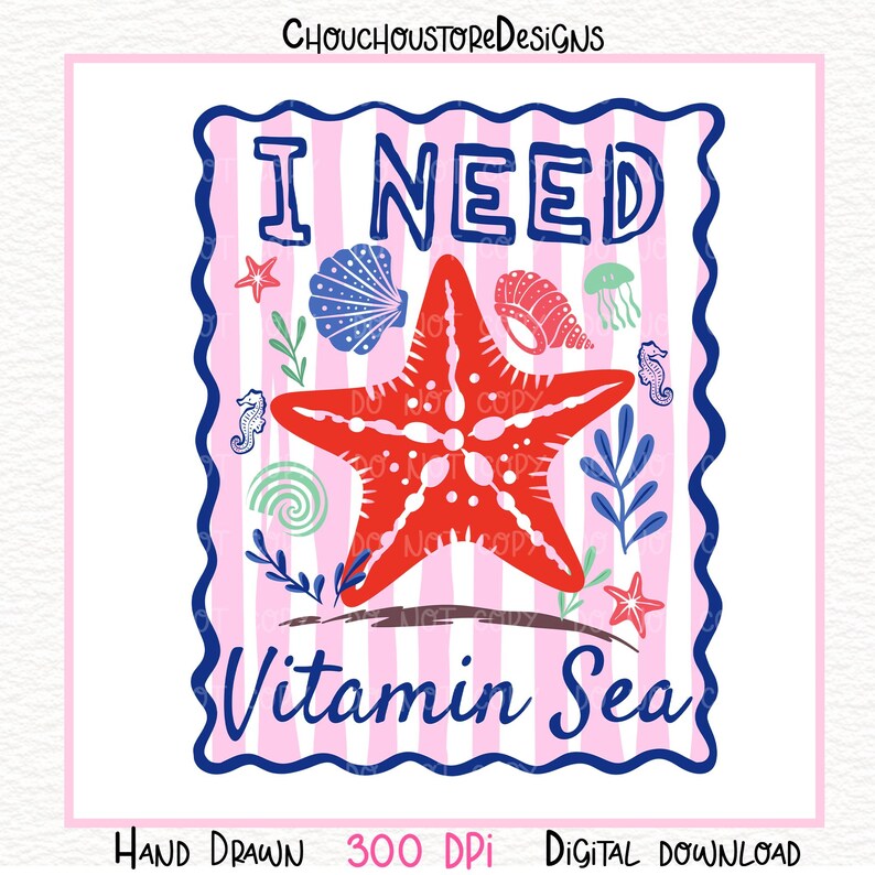 Boho I Need Vitamin Sea Preppy Summer png, Beach Quote Shirt Design, Coastal Girly Graphic, Retro Ocean Starfish,Summer Vacation Sublimation image 4
