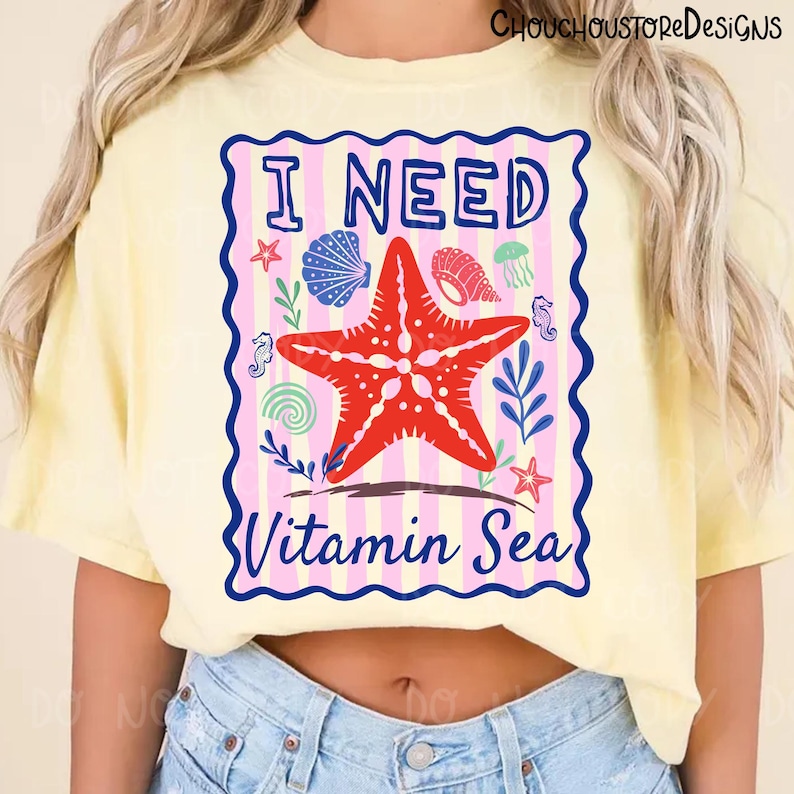 Boho I Need Vitamin Sea Preppy Summer png, Beach Quote Shirt Design, Coastal Girly Graphic, Retro Ocean Starfish,Summer Vacation Sublimation image 2