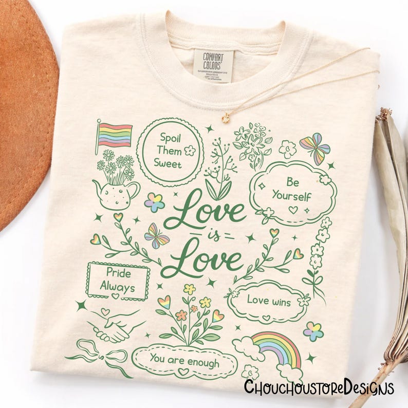 Kärlek är kärlek PNG – Söt pastellfärgad Pride Doodle-design, positiv bekräftelse HBTQ-citat, sublimeringsfil för Cottagecore bild 1