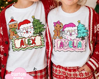 Custom Name kids doodles Christmas png, handpainted Santa Name PNG, Boy Girl Christmas Tee Design, Matching Siblings Christmas Sublimation