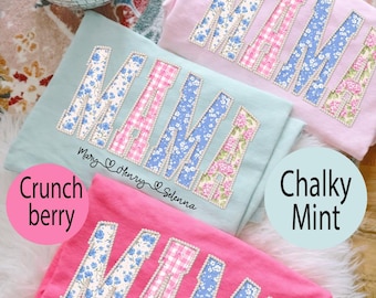 Floral Mama PNG, Pearl Outline Patchwork Letters, Vintage Blue Pink Mom Shirt Design, Mother’s Day Sublimation File