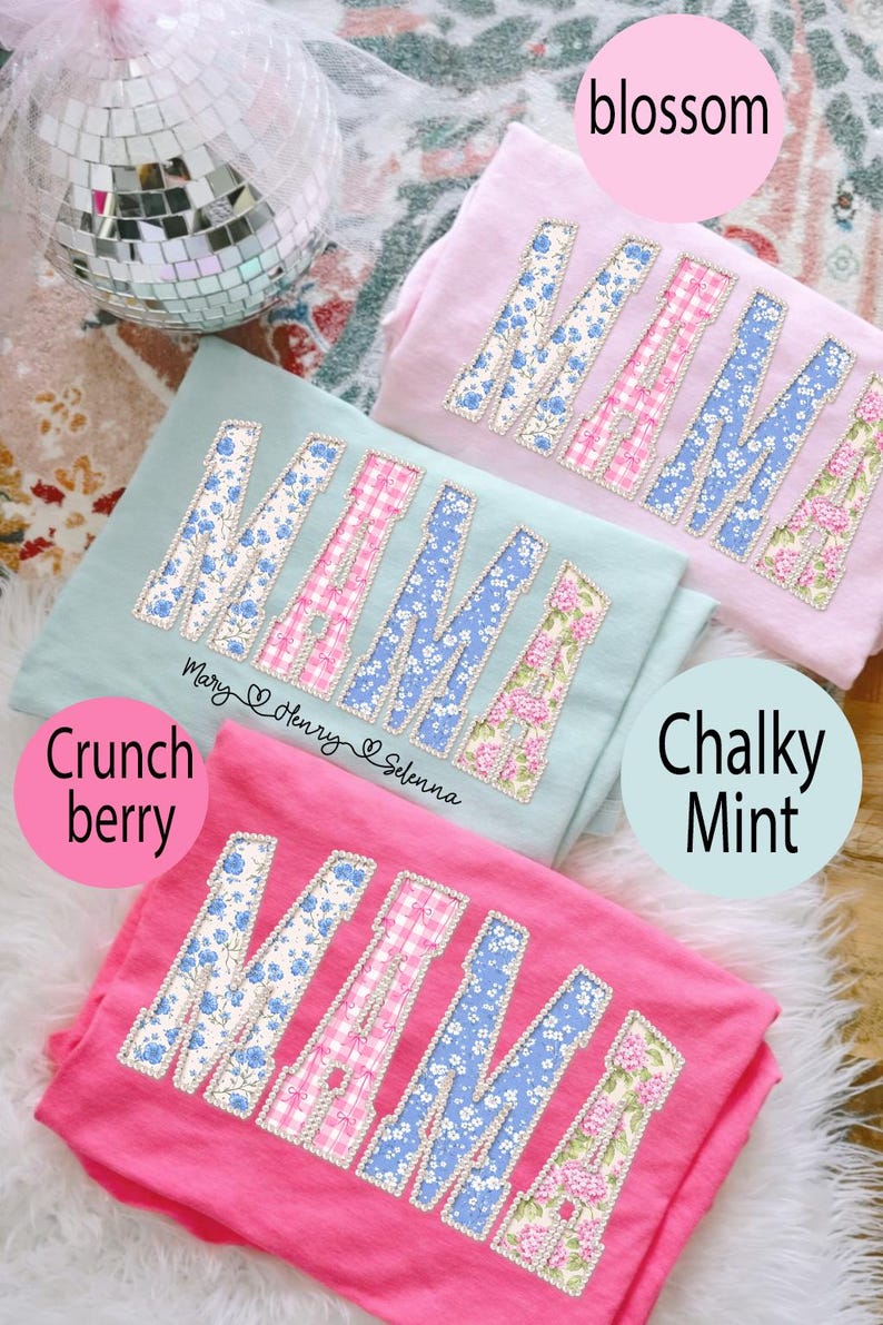 Floral Mama PNG, Pearl Outline Patchwork Letters, Vintage Blue Pink Mom Shirt Design, Mother’s Day Sublimation File image 1
