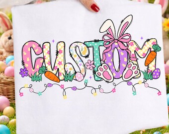 Custom Easter Name PNG, Colorful Easter Doodle png,  Bunny Ears Bow Carrot Floral Art, Spring season png, personalized Custom kid names png