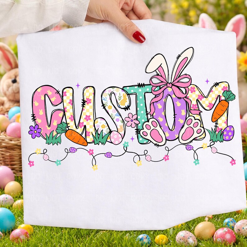 Custom Easter Name PNG, Colorful Easter Doodle png,  Bunny Ears Bow Carrot Floral Art, Spring season png, personalized Custom kid names png