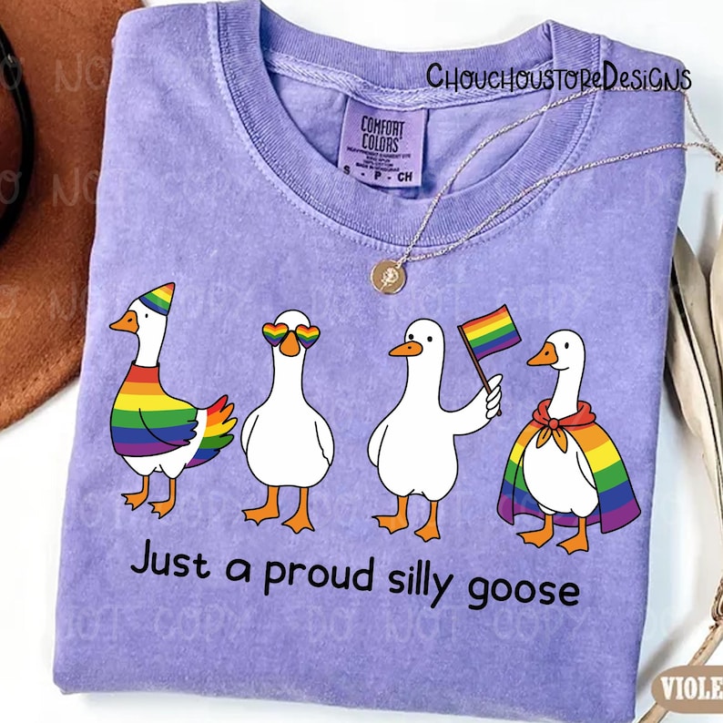 K&ouml;nnte beinhalten: Ein lila Comfort Colors T-Shirt mit vier Cartoon-G&auml;nsen, die Regenbogen-Pride-Accessoires tragen. Der Text "Just a proud silly goose" ist darunter aufgedruckt. Eine goldene Halskette liegt &uuml;ber dem Shirt.