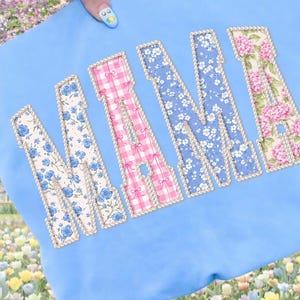 Floral Mama PNG, Pearl Outline Patchwork Letters, Vintage Blue Pink Mom Shirt Design, Mother’s Day Sublimation File image 3