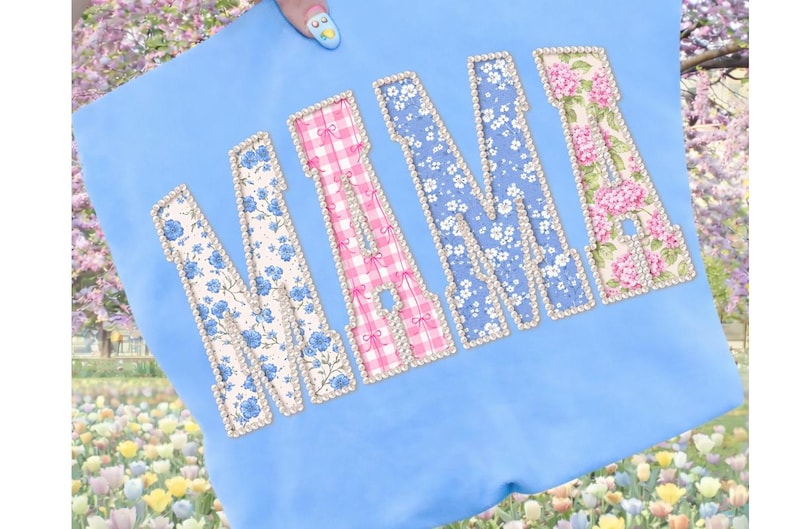 Floral Mama PNG, Pearl Outline Patchwork Letters, Vintage Blue Pink Mom Shirt Design, Mother’s Day Sublimation File image 3