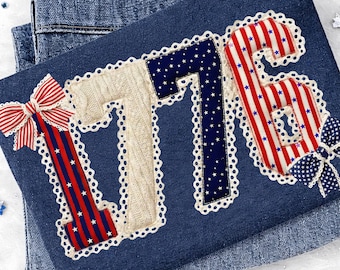 1776 Faux Patchwork PNG, Coquette Patriotic Bow Shirt Design, 4th of July Sublimation Graphic