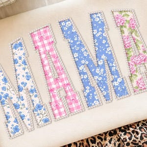 Floral Mama PNG, Pearl Outline Patchwork Letters, Vintage Blue Pink Mom Shirt Design, Mother’s Day Sublimation File image 5