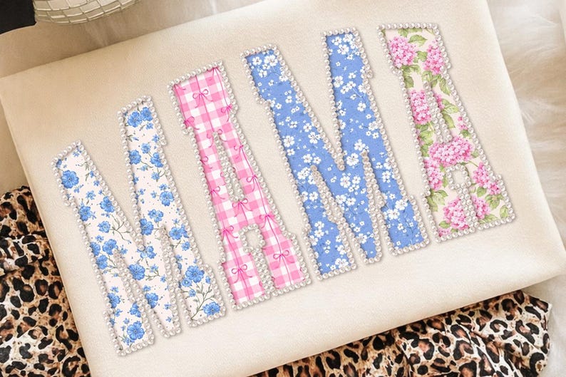 Floral Mama PNG, Pearl Outline Patchwork Letters, Vintage Blue Pink Mom Shirt Design, Mother’s Day Sublimation File image 5