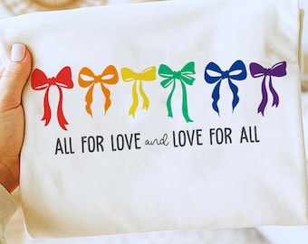 Rainbow Bow PNG Pride Love Design, All For Love And Love For All Quote, LGBTQ Shirt Graphic, Colorful Coquette Bows Clipart