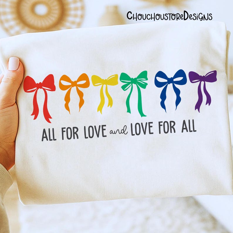 Rainbow Bow PNG Pride Love Design, All For Love And Love For All Quote, LGBTQ Shirt Graphic, Colorful Coquette Bows Clipart image 1
