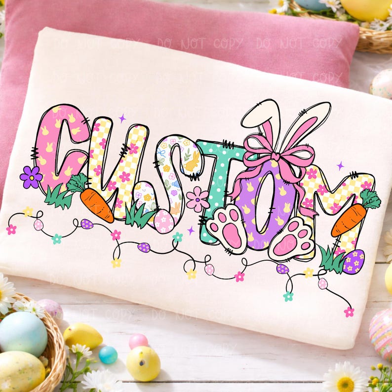 Peut inclure: Un sweat-shirt cr&egrave;me avec le mot "CUSTOM" dans un design floral color&eacute;. Les lettres sont d&eacute;cor&eacute;es d'&eacute;l&eacute;ments sur le th&egrave;me de P&acirc;ques comme des carottes, des &oelig;ufs et des oreilles de lapin. Une guirlande lumineuse avec des fleurs et des &oelig;ufs entoure le mot.
