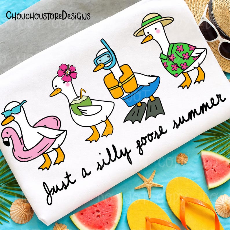 May include: White beach towel featuring cartoon geese in summer attire. One goose wears sunglasses and a flamingo float, another has a flower and coconut drink, a third has a snorkel and life vest, and the last wears a Hawaiian shirt. Text reads "Just a silly goose summer."