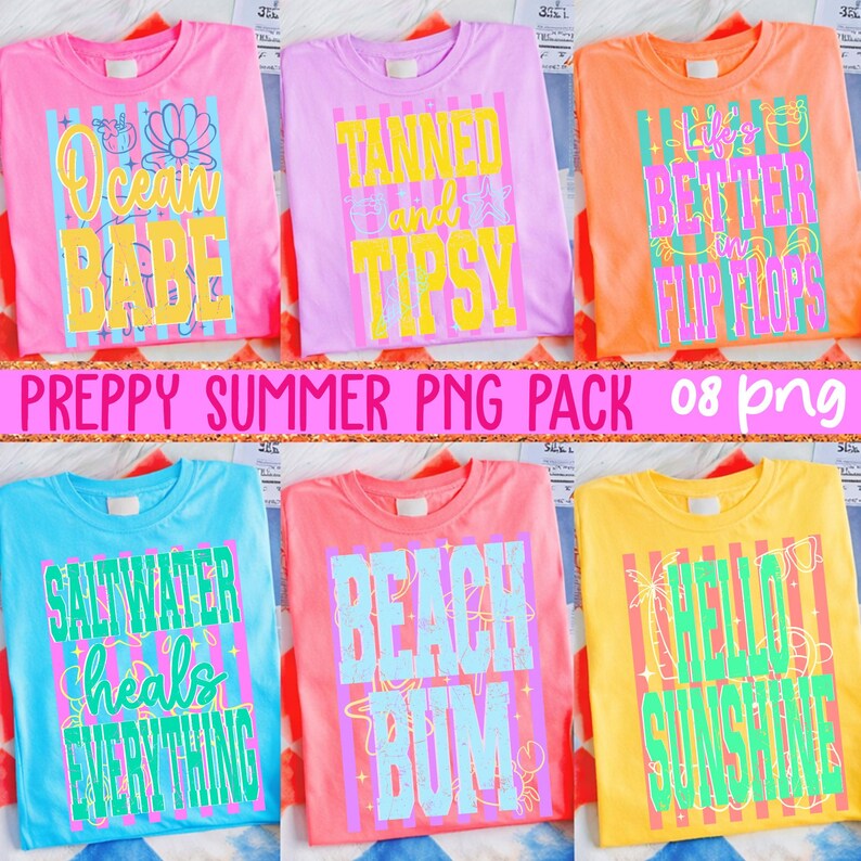 May include: A collection of six colorful t-shirts with summer-themed graphics. The shirts are pink, purple, orange, blue, coral, and yellow. Each shirt features a different phrase in a bold, playful font, such as "Ocean Babe" and "Hello Sunshine".