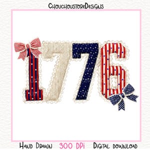 1776 Faux Patchwork PNG, Coquette Patriotic Bow Shirt Design, 4th of July Sublimation Graphic image 4