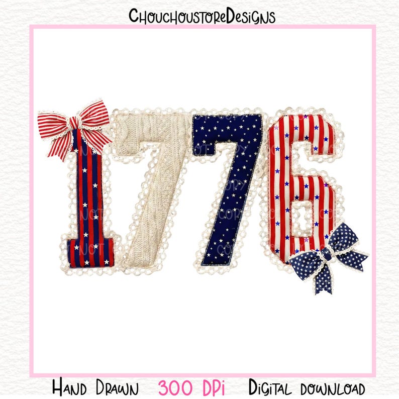 1776 Faux Patchwork PNG, Coquette Patriotic Bow Shirt Design, 4th of July Sublimation Graphic image 4