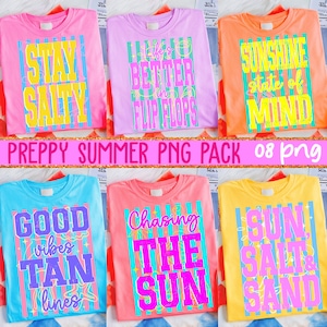 Peut inclure: Six t-shirts colorés avec des phrases sur le thème de l'été. Les chemises sont roses, violettes, oranges, bleues, corail et jaunes. Les phrases incluent "Stay Salty", "Life's Better in Flip Flops" et "Sunshine State of Mind".