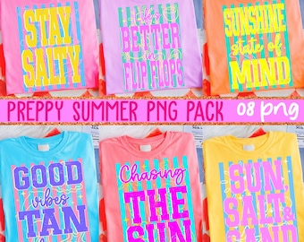 Preppy Summer PNG Bundle, Neon Beach Quote Pack, Retro Girly Summer Shirt Designs, Vacation Vibes Sublimation, 8 PNG Files Instant Download