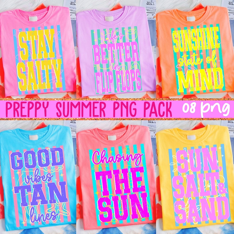 Preppy Summer PNG Bundle, Neon Beach Quote Pack, Retro Girly Summer Shirt Designs, Vacation Vibes Sublimation, 8 PNG Files Instant Download