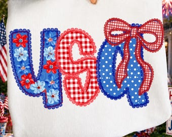 USA Coquette PNG – Gingham Bow Lace Patriotic Design, Cute 4th of July Floral Lettering, Girly America Sublimation File