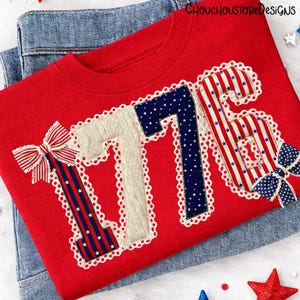 1776 Faux Patchwork PNG, Coquette Patriotic Bow Shirt Design, 4th of July Sublimation Graphic image 3