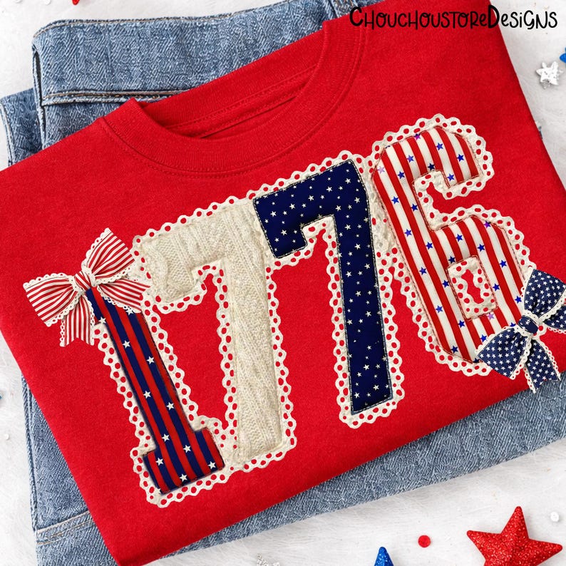 1776 Faux Patchwork PNG, Coquette Patriotic Bow Shirt Design, 4th of July Sublimation Graphic image 3