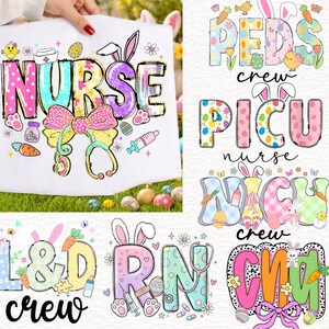 Nurse Easter Crew Bundle png, Rn Peds Nicu PICU ER L&D CMA Nurse Bunny Letters, Cute Pastel Medical Easter Shirt Designs, Healthcare Crew