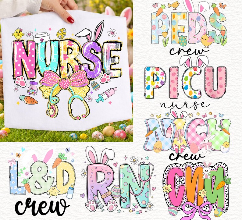 Nurse Easter Crew Bundle png, Rn Peds Nicu PICU ER L&D CMA Nurse Bunny Letters, Cute Pastel Medical Easter Shirt Designs, Healthcare Crew