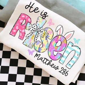 Brushstroke He Is Risen png, Christian Easter Sublimation Design Matthew 28:6, Retro Pastel Faith Easter Bunny Christian, Religious Easter image 1