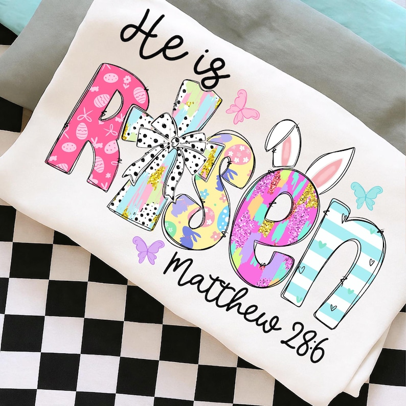 Brushstroke He Is Risen png, Christian Easter Sublimation Design Matthew 28:6, Retro Pastel Faith Easter Bunny Christian, Religious Easter image 1