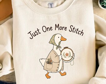 Cottagecore Goose Embroidery Doodle Just One More Stitch PNG, Cozy Sewing Goose Sublimation Design, Floral Stitching PNG