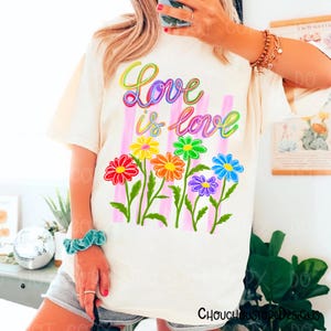 Love Is Love PNG – Retro Rainbow Floral Pride Design, Cute Daisy LGBTQ Shirt Graphic, Colorful Sublimation File