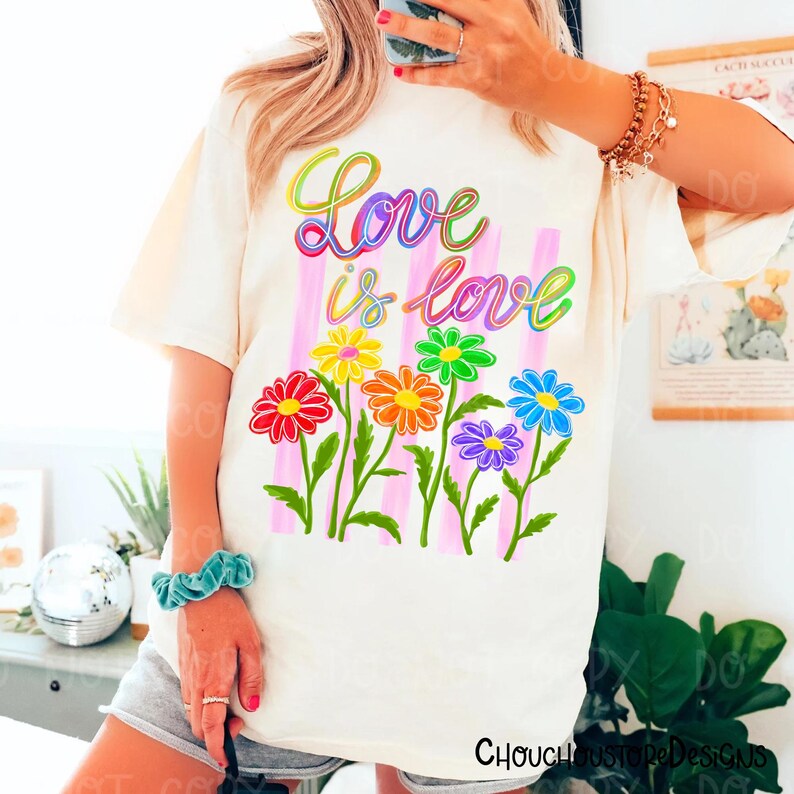 Love Is Love PNG – Retro Rainbow Floral Pride Design, Cute Daisy LGBTQ Shirt Graphic, Colorful Sublimation File