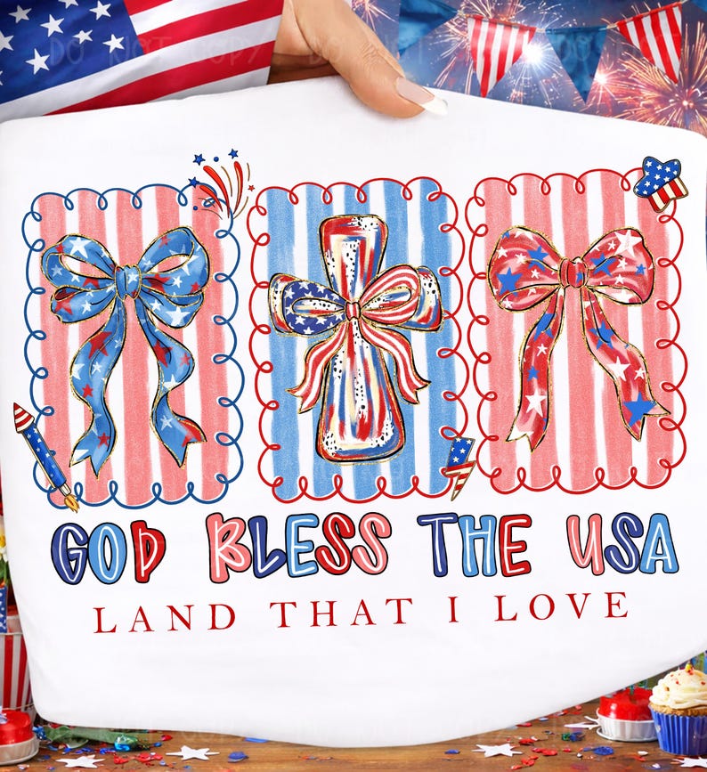 May include: White fabric featuring patriotic designs. The design includes three framed illustrations of bows and a cross, all in red, white, and blue. The text "GOD BLESS THE USA LAND THAT I LOVE" is printed below the illustrations.