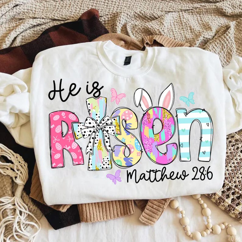 Brushstroke He Is Risen png, Christian Easter Sublimation Design Matthew 28:6, Retro Pastel Faith Easter Bunny Christian, Religious Easter image 3