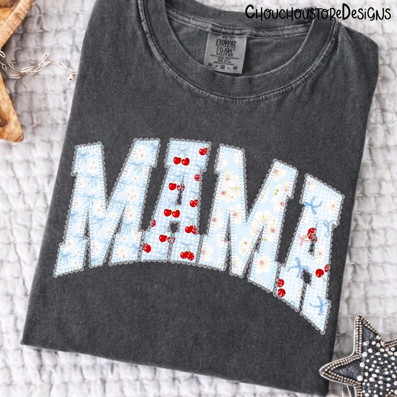 Cherry Floral Lace Mama Varsity png, Coquette Mama PNG, Blue Floral Mama Shirt Design, Preppy Mom Varsity Letters png, Mother's day png,Mama image 3