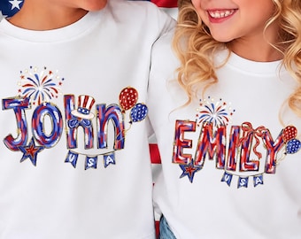Custom Name 4th of July Kids PNG, Patriotic Brushstroke USA Design, Red Blue Fireworks Shirt Graphic, Boy Girl Independence Day