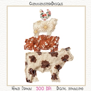 Op de afbeelding: Gestapelde stoffen boerderijdieren: een koe met bruine vlekken, een varken met bloemenprint, een schaap met zonnestraalontwerp en een kip met bloemenpatroon. De afbeelding bevat de tekst "ChouchoustoreDesigns", "Hand Drawn", "300 DPI" en "Digital Download".