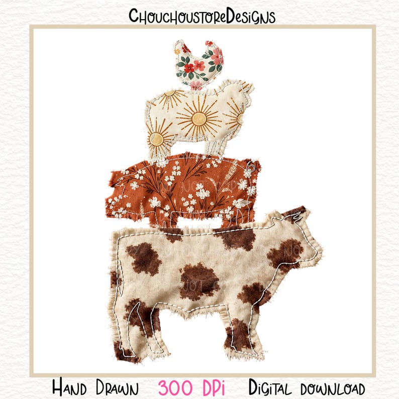 Faux Patchwork Western Farm Animal PNG, Rustic Cow Pig Lamb Hen Hand Drawn Fabric Look Sublimation Design, western png