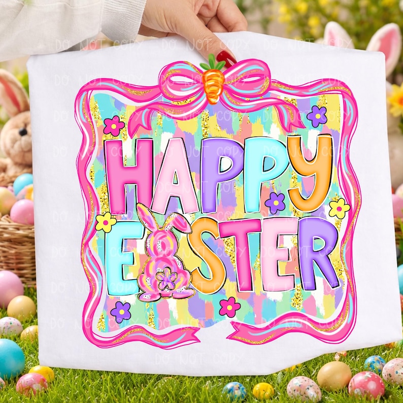 May include: White Easter-themed design with the words "HAPPY EASTER" in colorful bubble letters. A pink bunny and flowers are featured. The design is framed with a pink ribbon and carrot. The background has a pastel watercolor effect.