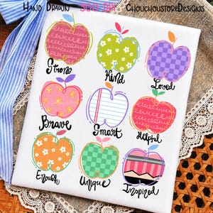 Puede incluir: Una hoja blanca con nueve ilustraciones de manzanas coloridas con varios patrones que incluyen espirales, flores, cuadros, estrellas y líneas de cuaderno. Cada manzana está acompañada por una palabra en cursiva negra: Strong, Kind, Loved, Brave, Smart, Helpful, Enough, Unique, Inspired.