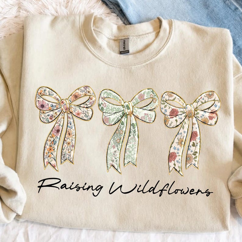 Raising Wildflowers PNG, Floral Coquette Bow PNG, Wildflower Ribbon Bow Mama Shirt Design, Cottagecore Floral Bow Sublimation