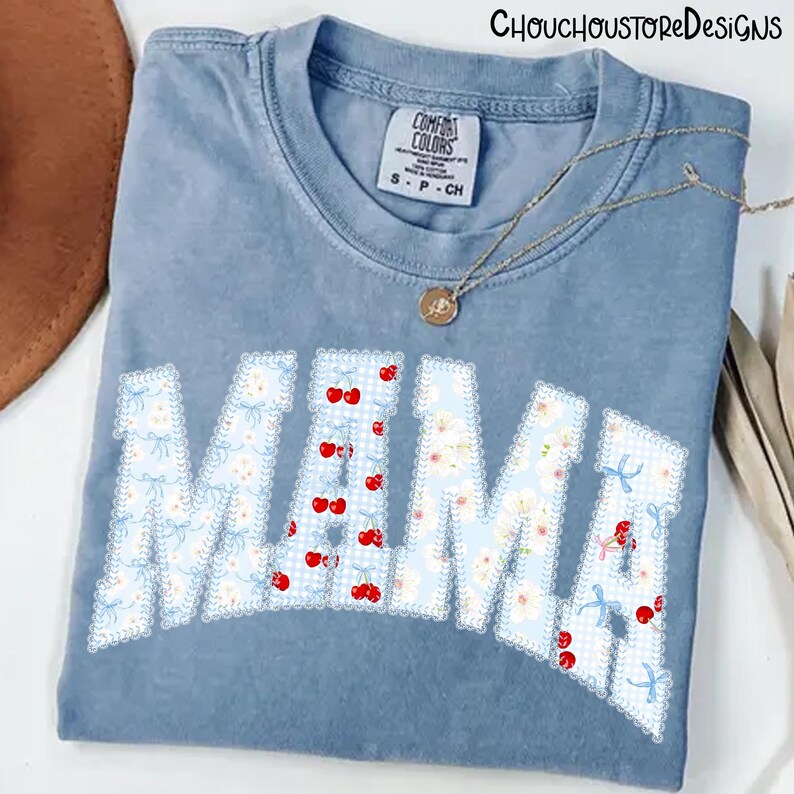 Cherry Floral Lace Mama Varsity png, Coquette Mama PNG, Blue Floral Mama Shirt Design, Preppy Mom Varsity Letters png, Mother's day png,Mama image 2