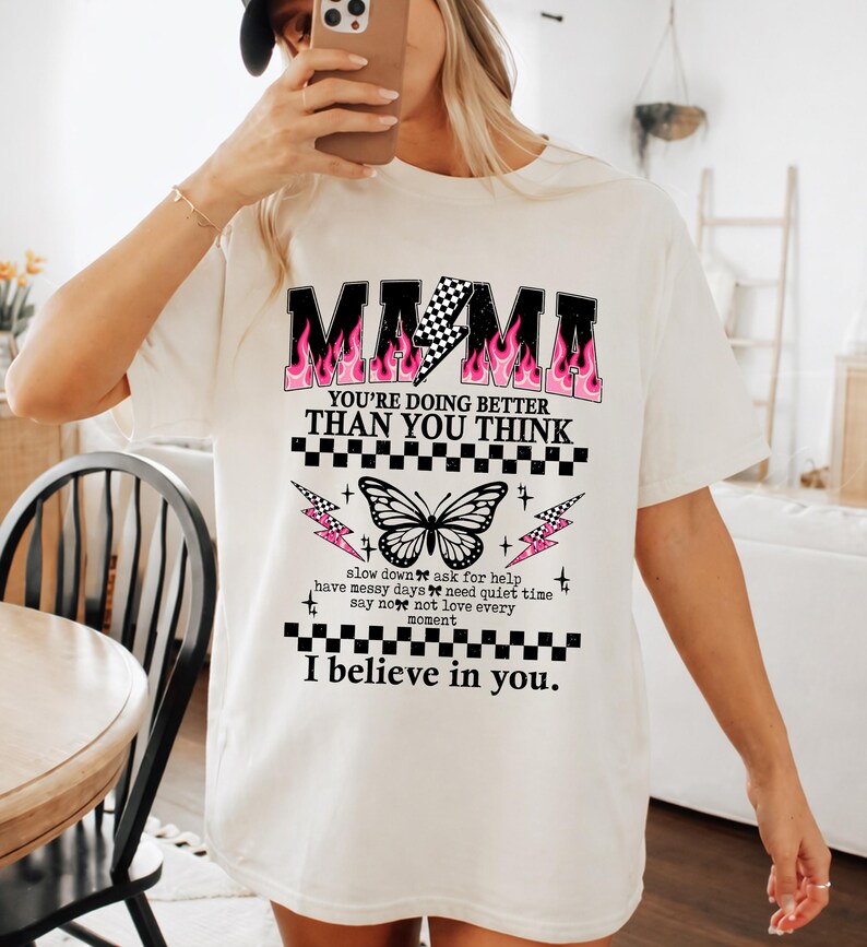 Grunge Mama varsity png, Checkered Lightning Mom Shirt Design, Edgy Cool Mom Graphic Tee, Retro Pink Mama Quote, Butterfly mama sublimation image 5