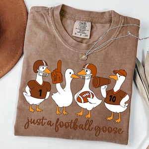 May include: Brown t-shirt with a graphic of four cartoon geese in football gear. The geese are wearing helmets and jerseys, holding a foam finger, a megaphone, and a football. The text "just a football goose" is below the geese.