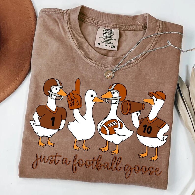May include: Brown t-shirt with a graphic of four cartoon geese in football gear. The geese are wearing helmets and jerseys, holding a foam finger, a megaphone, and a football. The text "just a football goose" is below the geese.