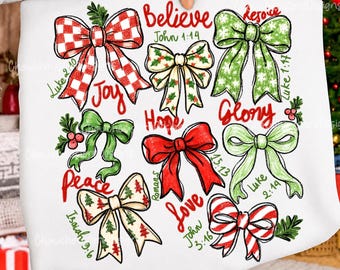 Christian Christmas Bow PNG, Coquette Christmas Faith PNG, Bible Verse Holiday Bows, Believe Joy Hope Peace Love Christmas Sublimation PNG