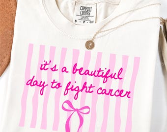 Pink Coquette Stripes It's A Beautiful Day To Fight Cancer PNG, Pink Ribbon Bow Breast Cancer Awareness Digital Download