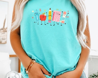 School Supplies Teacher Shirt Comfort Colors Tank Top, Crayon Apple Pencil Notebook Tee, Back To School Teacher Gift, Cute Classroom Tank